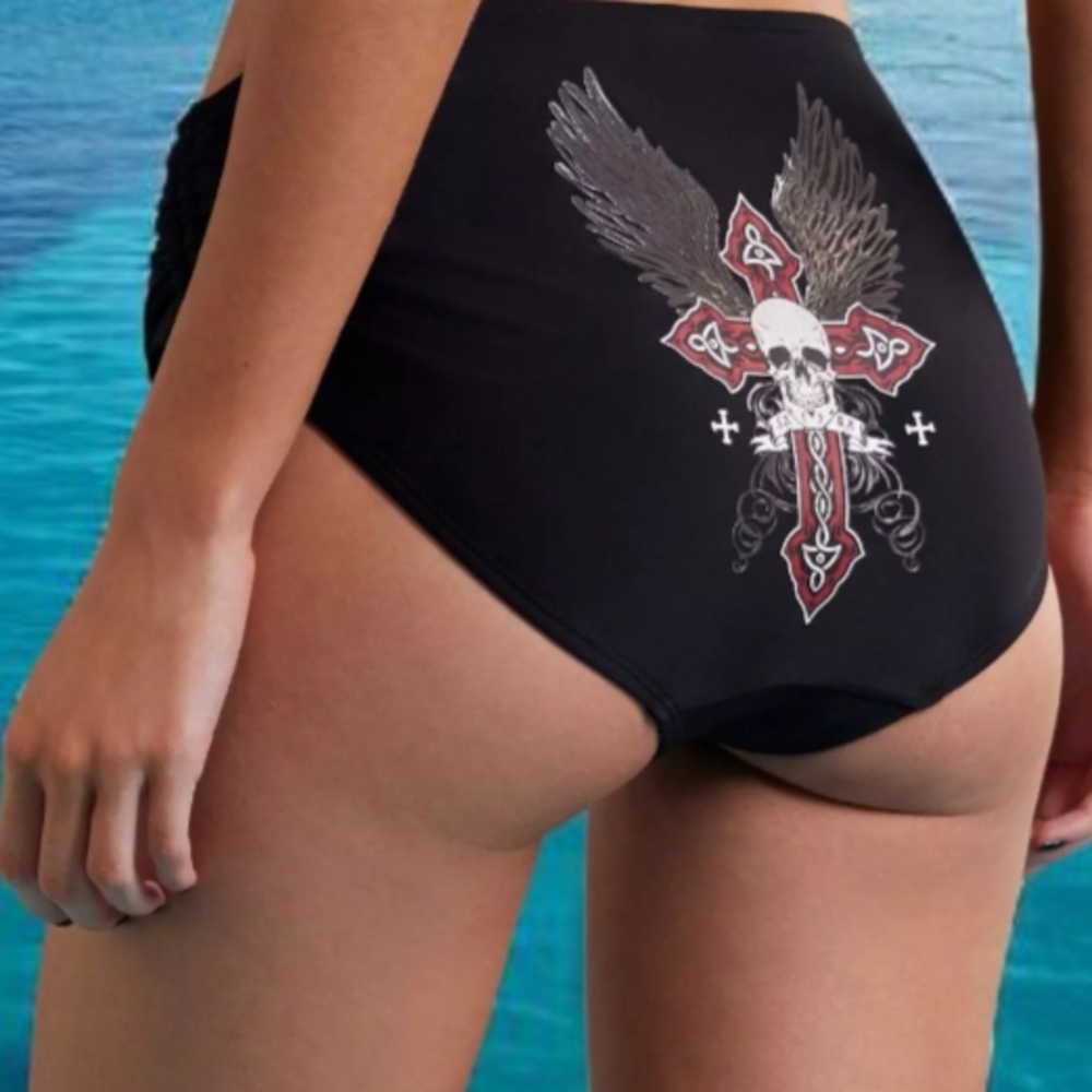 Hot Topic Affliction Cross Skull Black Bikini BOTTOMS ONLY Nwt